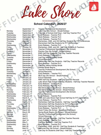 Lake Shore 2026-27 calendar