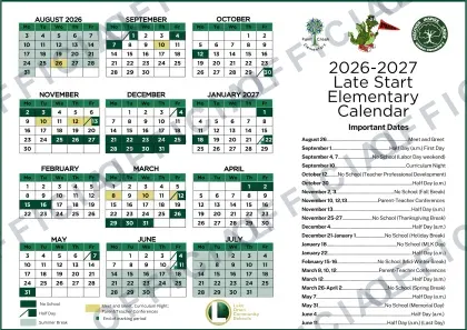 Late Start Elementary 2026-27 calendar