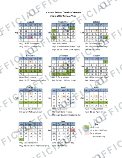 Lincoln School District 2026-27 calendar