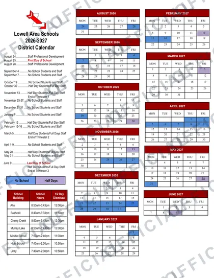 Lowell Area Schools 2026-27 calendar