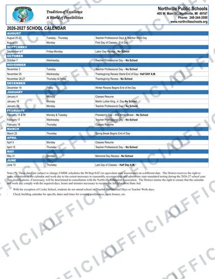 Northville Public Schools 2026-27 calendar