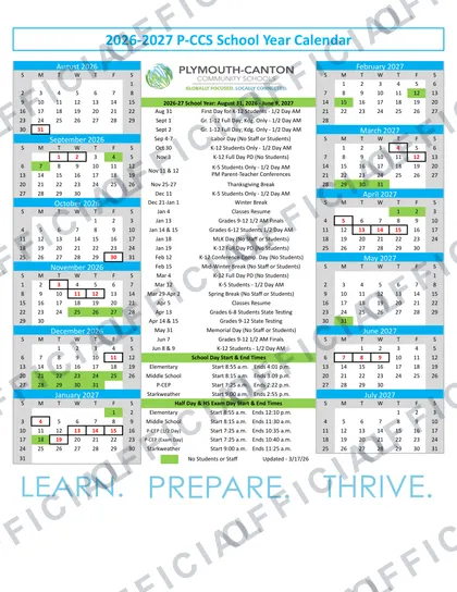Plymouth-Canton Community Schools 2026-27 calendar