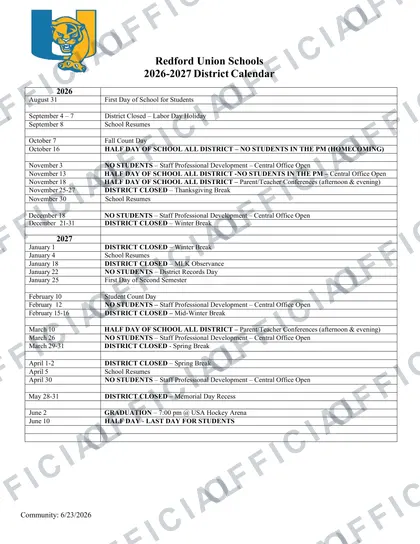 Redford Union Schools 2026-27 calendar
