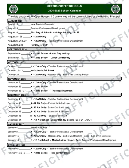 REETHS-PUFFER SCHOOLS 2026-27 calendar