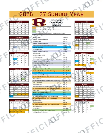 Riverview Community Schools 2026-27 calendar