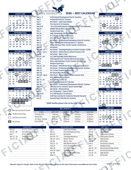South Redford School District 2026-27 calendar
