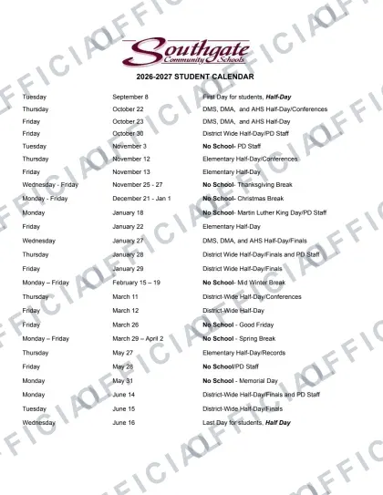 Southgate Community Schools 2026-27 calendar