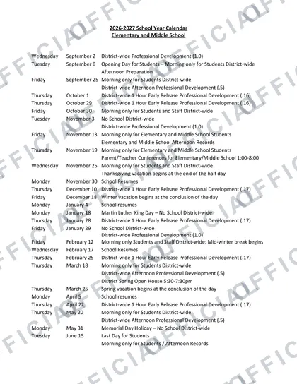 Trenton High School 2026-27 calendar