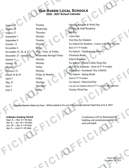 Van Buren Local Schools 2026-27 calendar