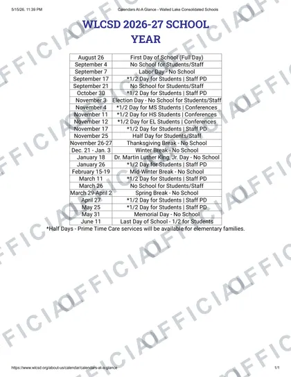 Walled Lake Consolidated Schools 2026-27 calendar