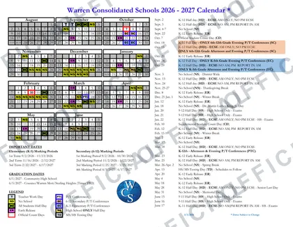 Warren Consolidated Schools 2026-27 calendar