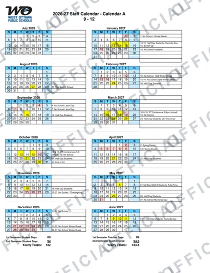 West Ottawa Public Schools 2026-27 calendar
