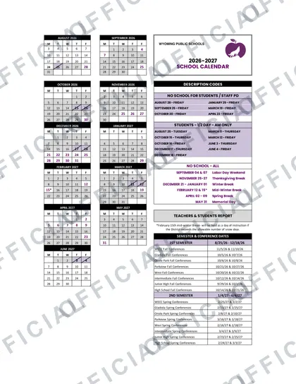 Wyoming Public Schools 2026-27 calendar