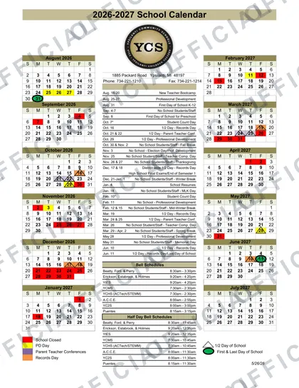 Ypsilanti Community Schools 2026-27 calendar