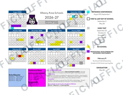 Albany Area Schools 2026-27 calendar
