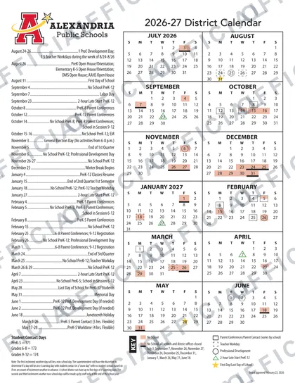Alexandria Public Schools 2026-27 calendar