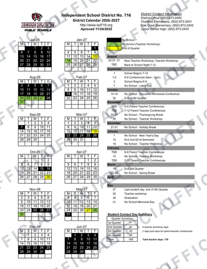 Belle Plaine Public Schools isd 716 2026-27 calendar