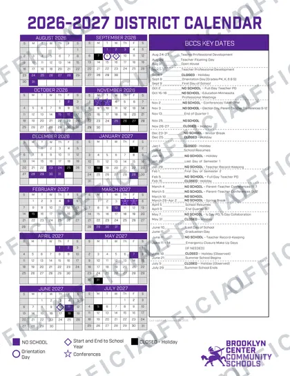 Brooklyn Center Community Schools 2026-27 calendar