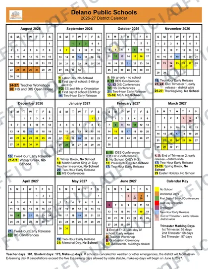 Delano Public Schools 2026-27 calendar