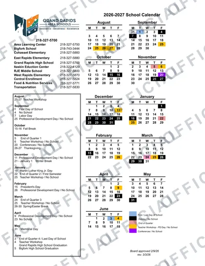 Grand Rapids Area Schools 2026-27 calendar