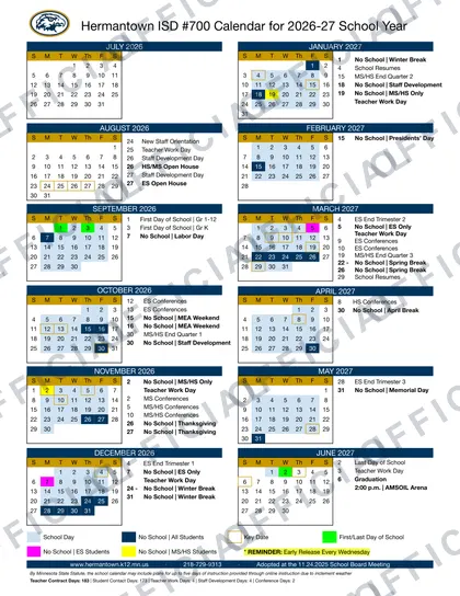 Hermantown ISD #700 2026-27 calendar