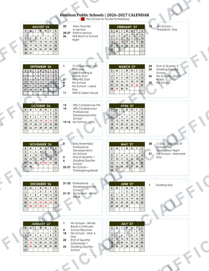 Houston Public Schools ISD 294 2026-27 calendar