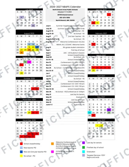 North Branch Area Public Schools 2026-27 calendar