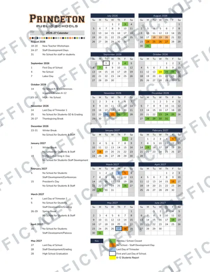 Princeton Public Schools 2026-27 calendar
