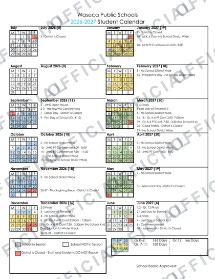 Waseca Public Schools 2026-27 calendar
