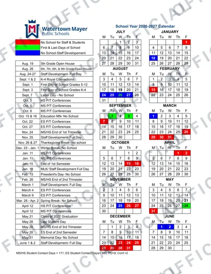 Watertown Mayer Public Schools 2026-27 calendar