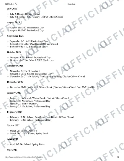 Westonka Public Schools 2026-27 calendar