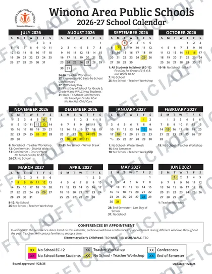 Winona Area Public Schools 2026-27 calendar