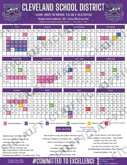 Cleveland School District 2026-27 calendar