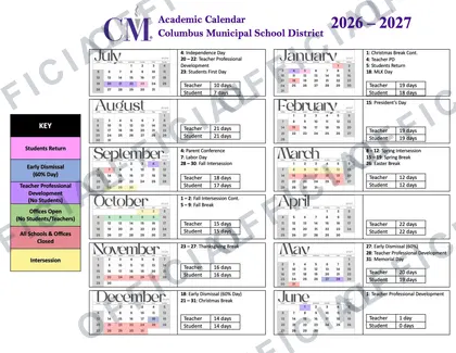 Columbus Municipal School District 2026-27 calendar