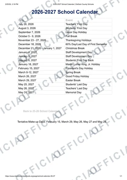 DeSoto County Schools 2026-27 calendar