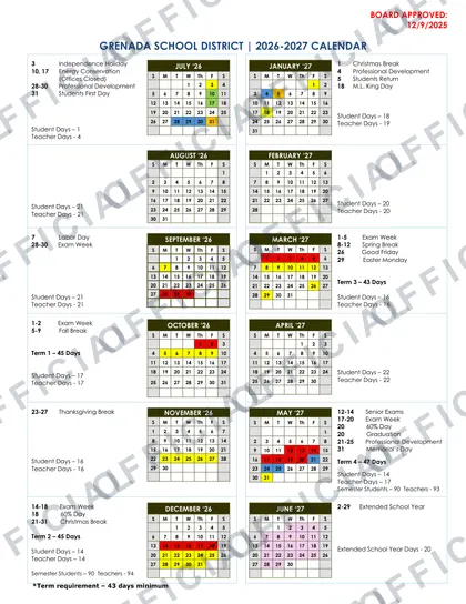 Grenada School District 2026-27 calendar