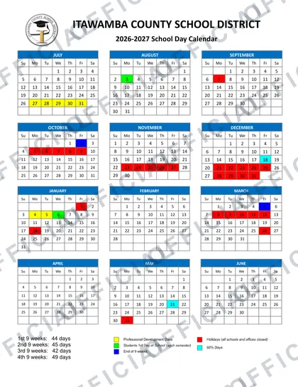 Itawamba County School District 2026-27 calendar