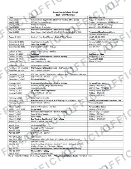 Jones County School District 2026-27 calendar