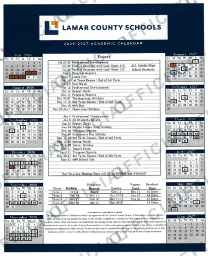 Lauderdale County School District 2026-27 calendar