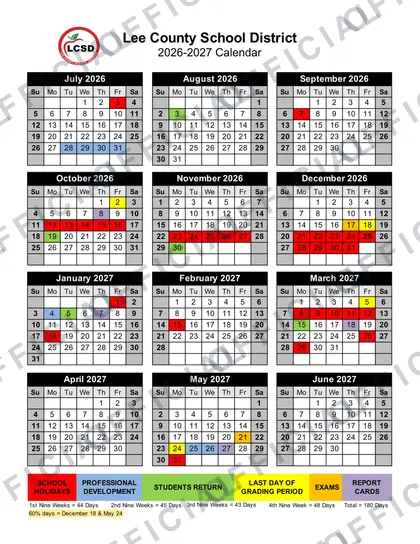 Lee County School District 2026-27 calendar