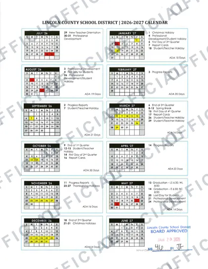 Lincoln County School District 2026-27 calendar