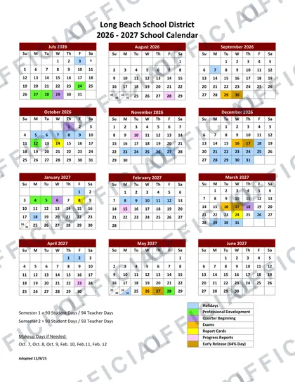 Long Beach School District 2026-27 calendar