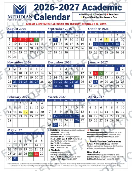 Meridian Public School District 2026-27 calendar
