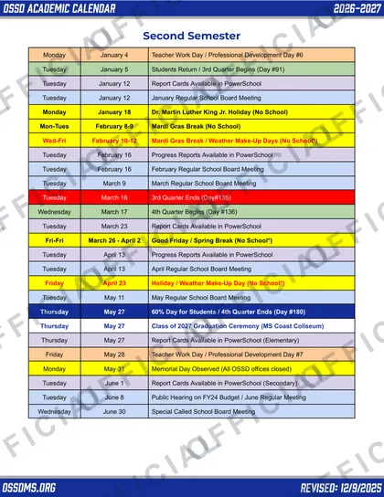 OSSD Ocean Springs School District 2026-27 calendar