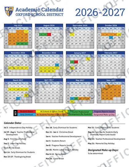 Oxford School District 2026-27 calendar
