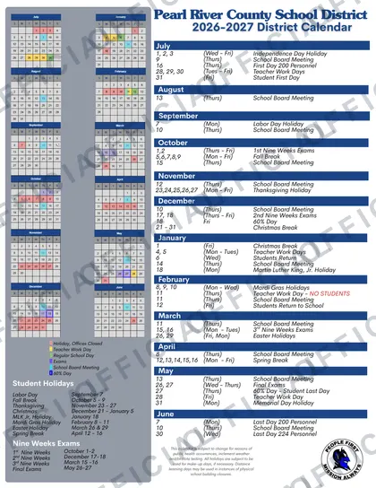 Pearl River County School District 2026-27 calendar