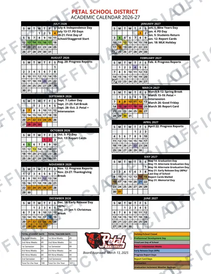 Petal School District 2026-27 calendar