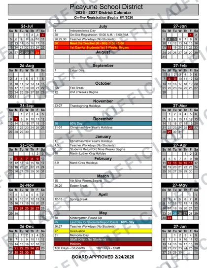 Picayune School District 2026-27 calendar