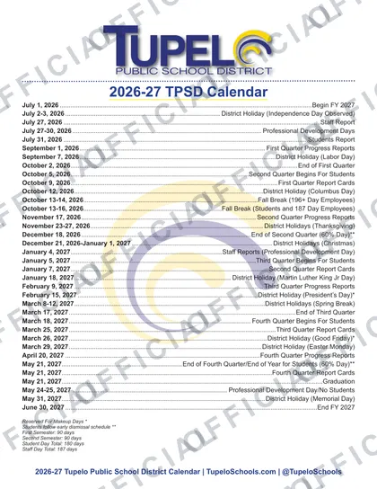 Tupelo Public School District 2026-27 calendar