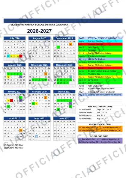 Vicksburg Warren School District 2026-27 calendar